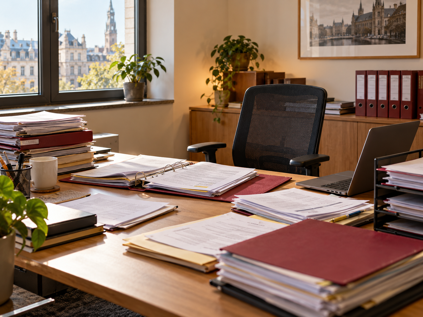 Lege werkplek, papierwerk stapelt zich op